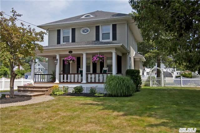 Charming South Of Montauk Hwy Circa 1914 Colonial W/Mahogany Front Porch, Entry Foyer, Updated Eik, Fdr W/Picture Frame Crown Moldings, Antique Chair Rail &  Custom Window Seat. French Doors That Lead To Formal Lr All W/9Ft Ceilings, 3 Brs, 2 Full Bths, Full Dry Bsmt, 3 Zone Gas Heat, Meticulously Landscaped, 4 Zone Ig Sprinklers & 1.5 Car Det Garage.