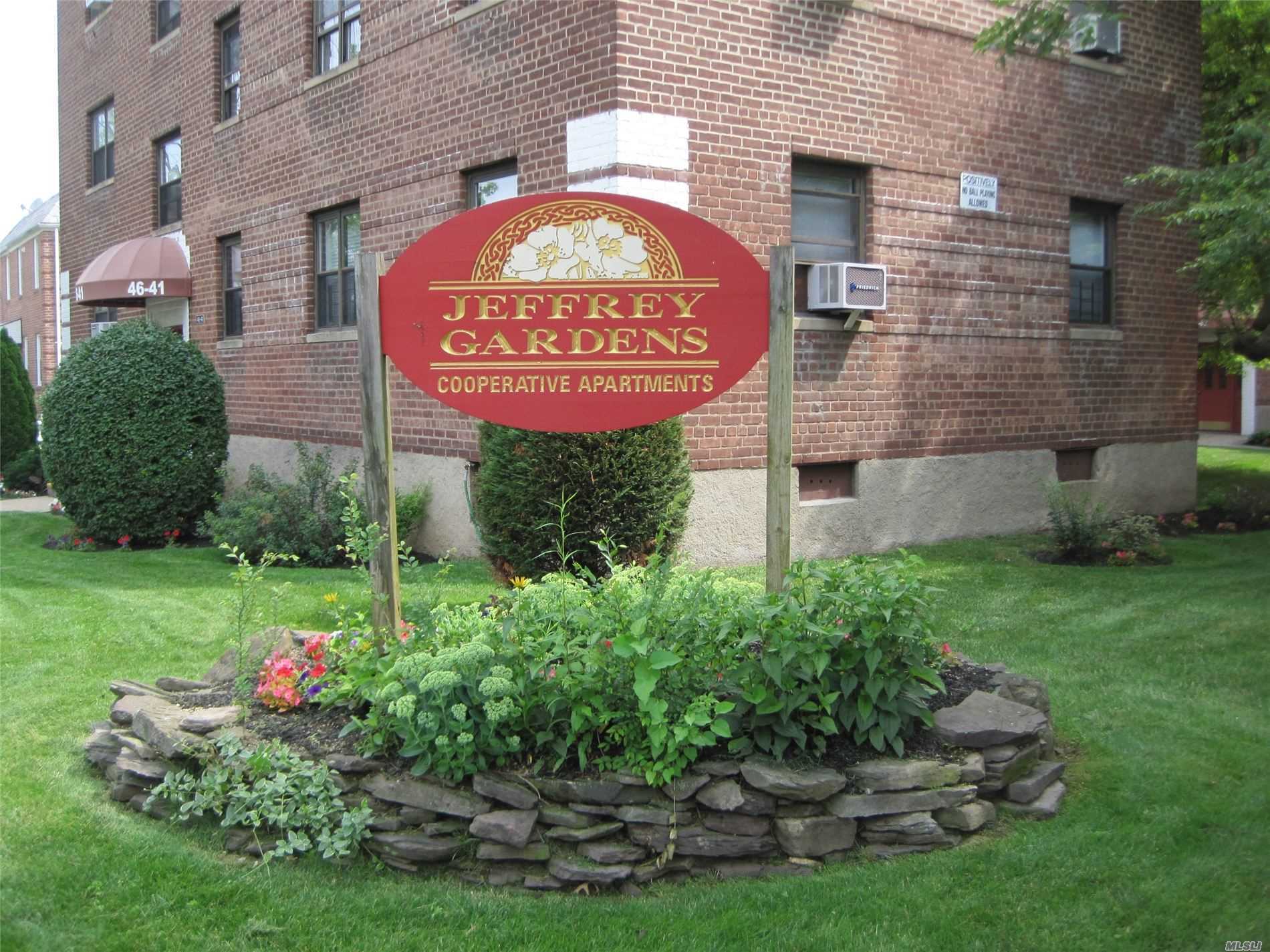 Sponsor apartment At Jeffrey Gardens. Buy direct from the owner without board approval. 2Br, Large Lr/dr .Pets allowed, great location, Near LIRR, Buses Q12, 13, 27, 31, Express Bus QM3. No Flip Tax. Pool In Complex. Ample Street Parking. 156 Shares. Buyer Has To Pay Transfer Tax. (0.004% State Taxes, 1% City Taxes).