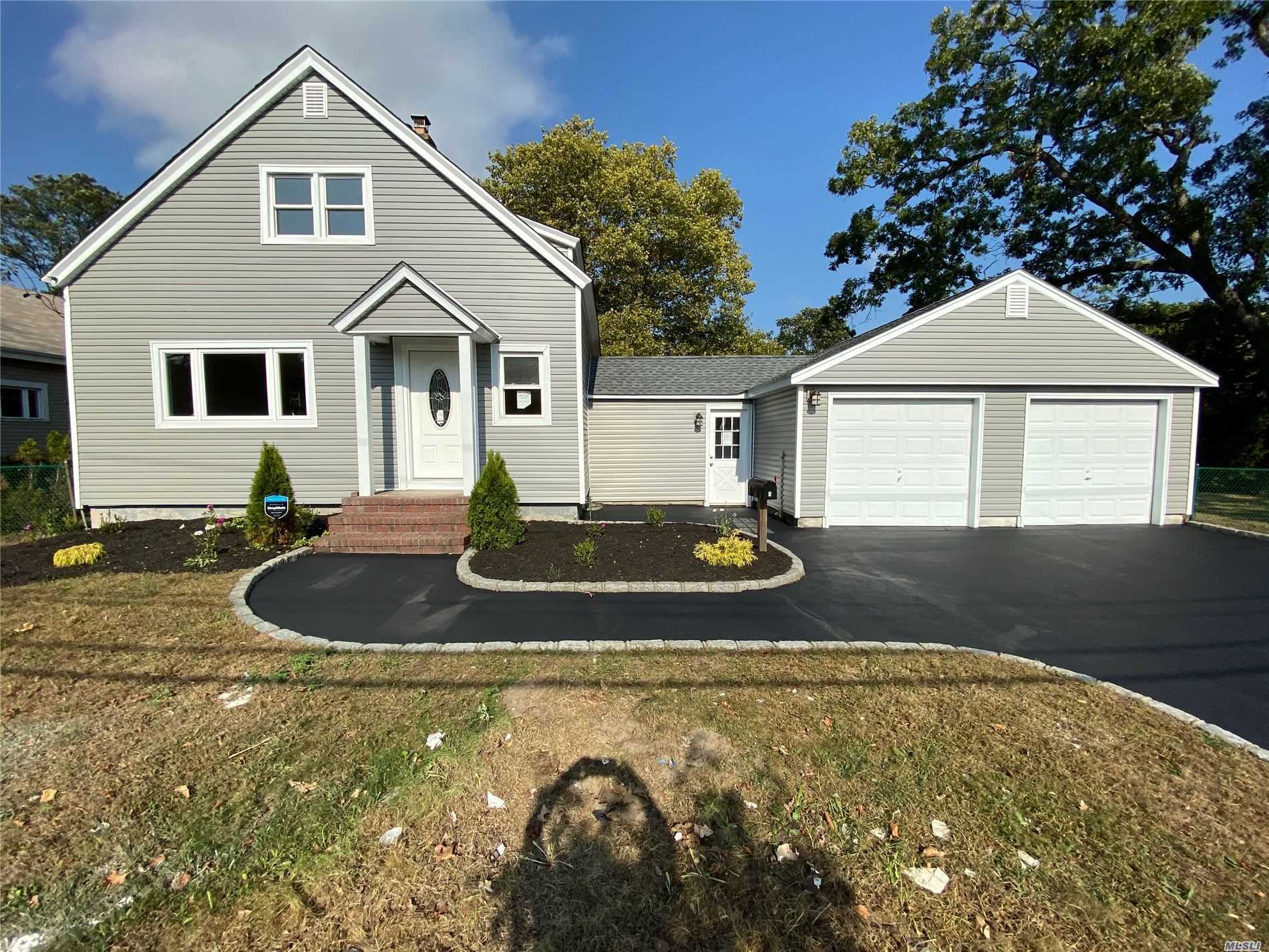 NEWLY RENOVATED COLONIAL AT 3 WEST DR BAY SHORE NY, 1RT FLOOR; LARGE LIVING R W/WOOD STOVE, F DINNING R, BED, F BATH, MODERN KITCHEN W/GRANITE COUNTER TOPS, SS APPLIANCES INCLUDED DISH WASHER, MICROW ETC 2ND FLOOR MASTER R W/F BATH, BED AND WIC, FINISHED GARAGE CAN BE REMOVED IF BUYERS WANTS (R, R, LR, FB, Seller no representa) LAUNDRY IN THE BASEMENT, OVERSIZED FLAT BACK YARD 12980 SF, W/PAVERS PATIO & WOOD DECK, NEW ROOF, WINDOWS, SIDING, CLOSE TO ALL HAS GAS, LOW TAX $8492 NO FLOOD INSURANCE !